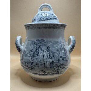 Antique Gray Transferware Ironstone Large Sugar Bowl/ Serve, Rhine Pattern 1800s